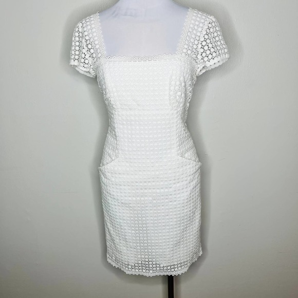 Milly of New York Dresses & Skirts - Milly of New York Dress 4 White Crochet Floral Square Neck Knit Shift Wedding
